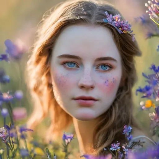 Prompt: Anne Bolelyn as ethereal beauty, soft spotlight, surrounded by vibrant and faded wildflowers, watercolor monet style, closeup of face, dreamy brown eyes