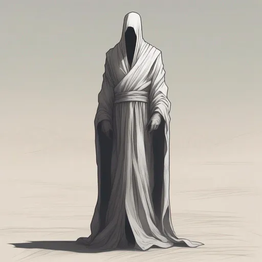 Prompt: Faceless robed god. Standing tall, high above the land. His body hairless and featureless. The robes on his body were loose.