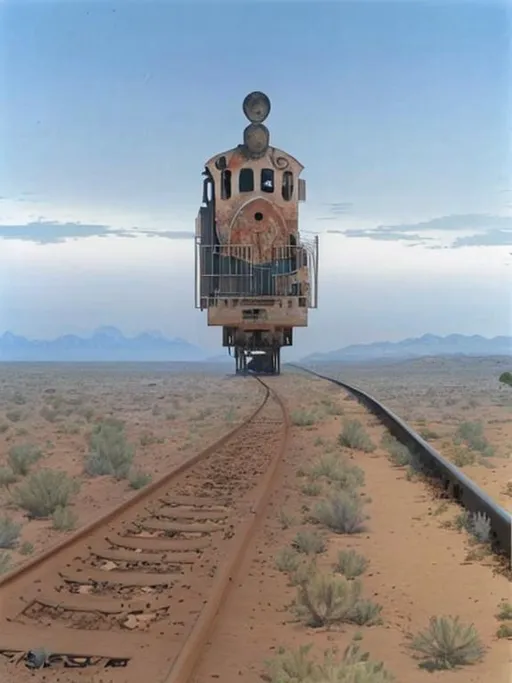 Prompt: Abandoned train in the desert flud 