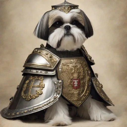 Prompt: shih tzu as a member of the Teutonic Order in armor