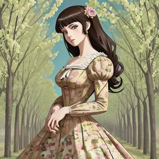 Prompt: Beautiful brunette anime woman, flower patterns Regency dress, poplar trees background