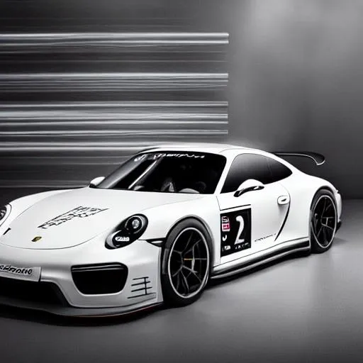 Prompt: porsche lemans concept in white, vibrant lights, studio, far away, photography theme, colerfulo lights