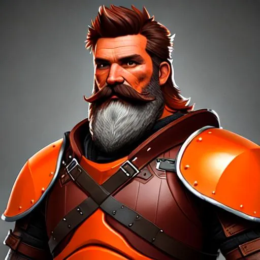 Prompt: Digital Art, 48-year-old viking man, brown hair, short hair, beard, mustache, brown eyes, burnt orange gear, bright orange armor, unreal engine 8k octane, 3d lighting, full body, full armor