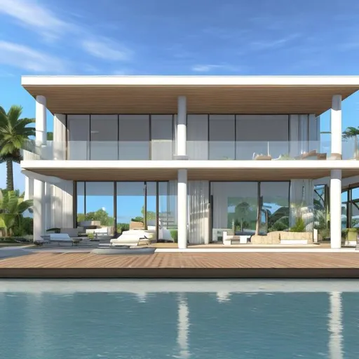 Prompt: Create beach house. Large windows. HyperRealistic. Modern architecture. 64k. UHD, HDR. ((Masterpiece))