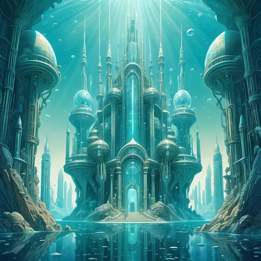 Prompt: An underwater sci fi palace with many towers and huge crystals between them, art nouveau, in the style of Moebius