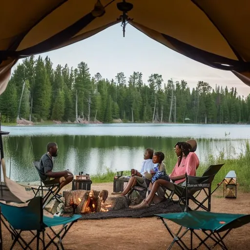 Prompt: Create a 4k, realistic luxury camping, glamping scene with  African American/Black family of  a dad, mom, son and daughter, with a lake in the background.