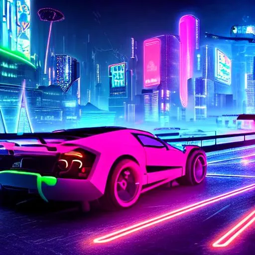 Prompt: A cyberpunk styled megacity with glowing neon billboards and a sports car in the foreground, highly detailed, futuristic