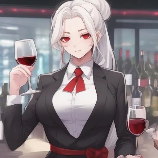 Prompt: anime style, curvy, pale girl with white long hair ending in a bun, red eyes, holding wine, wearing a black suit, red dress shirt, and black tie.