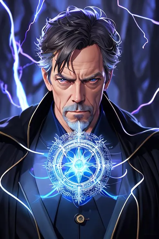 Prompt: 64K, centered position Full body of Hugh Laurie, blue lightning, billowing black robe,  symmetrical, lighting, detailed face, by makoto shinkai, stanley artgerm lau, wlop, rossdraws, concept art, digital painting, looking into camera, intricate ornament on his suit, forest background, colorful ambient, colorfull, HDR, 64K