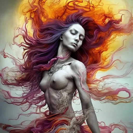 Prompt: spiritual intentions impeded by mental limitations. flowing from smooth balance to chaotic upheaval. Embracing existence for all of its nuances. (stunning woman, realistic, symbol for vitality)b o o b s