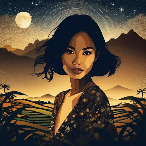 Prompt: double exposure photography, outlined silhouette of pretty young Indonesian woman, (25 year old, round face, high cheekbones, almond-shaped brown eyes, small delicate nose), stunning tropical landscape, (rice fields, tropical flowers, mountains), starry night, double exposure photography, ambient lighting, masterpiece, highly detailed