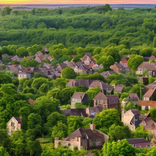 Prompt: A 21 century village with medieval buildings surrounded by trees and shrubs. Next to the village is a cornfield. sun is coming up on the horizon. photorealistic