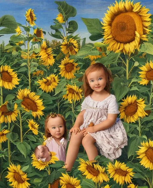 Prompt: oil painting by Botticelli portrait of a very adorable toddler in field of Sunflowers award-winning cgi 