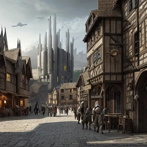Prompt: a photorealistic medieval town mixed with sci-fi and futuristic architecture and robots