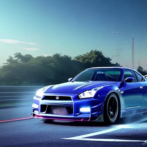 Prompt: Nissan skyline r35 ultra realistic vapor wave front shot while drifting 
