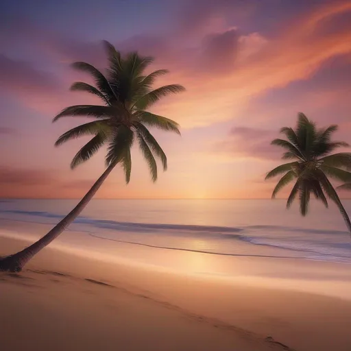 Prompt: Serene beach sunset with palm trees swaying in the breeze.