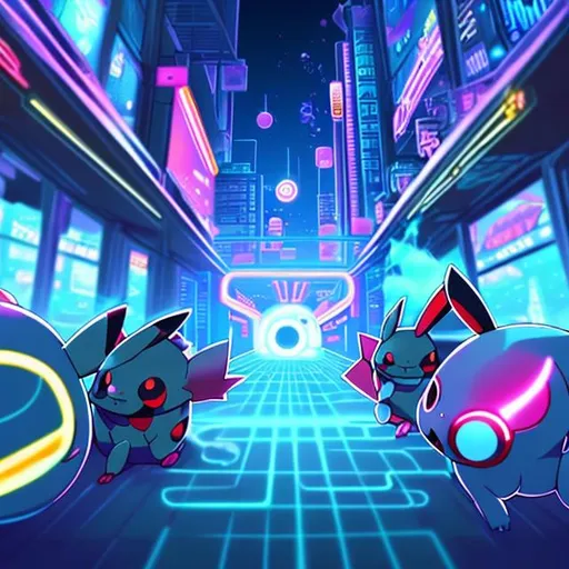 Prompt: create a title called PokeBank, a Neon vibrant color scheme, a dark sci-fi city in the background, HD, 3d blended