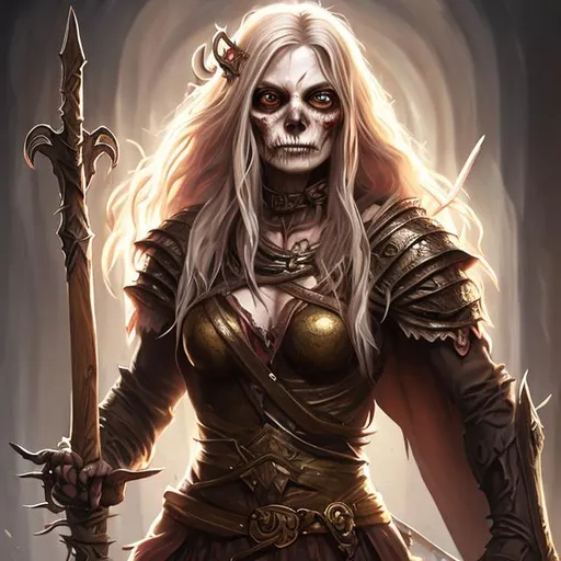Prompt: Full body splash art of a sweet, youthful, female undead zombie sorceress, skull nose, blue eyes, very long brown blonde hair with fringe, wearing long light-colored iridescent robe, carrying a wooden staff, D&D, dnd, fantasy, highly detailed, sharp focus, digital painting, artstation, 4k, 8k