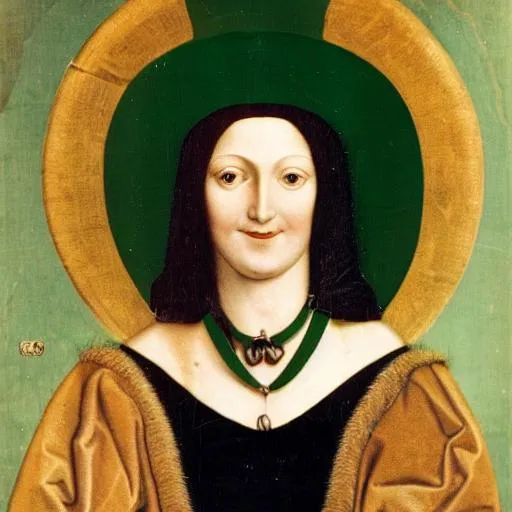 Prompt: surrealist portrait of medieval female with a psychotic smile and thick black hair in style of Da Vinci, soft lighting, with emerald green eyes, pale skin, wearing conical hat. 