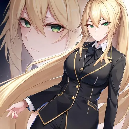 Prompt: Kazumi 1female. Long Blonde hair that stops at her shoulders. Sharp and lively green eyes. Wearing a  sleek and stylish ensemble, with a tailored blazer, crisp button-up shirt, and fashionable trousers. UHD, close up