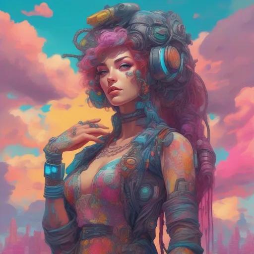 Prompt: A vibrantly and brightly coloured and colourful and beautiful head to toe Persephone as a cyberpunk woman with a robot arm, wearing bohemian lacy clothes, with clouds for hair in a painted style