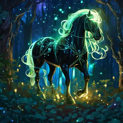 Prompt: An elegant fantasy translucent Sleipnir that is glowing, with 8 legs, in a forest surrounded by ivy, beneath the stars, bioluminescent, highres, best quality, concept art