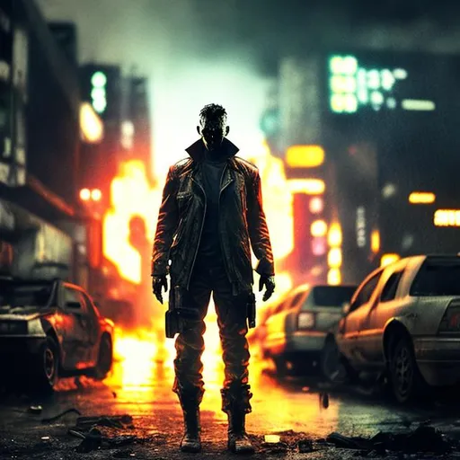Prompt: Male Villain. Slow exposure. Detailed. Dirty. Dark and gritty. Post-apocalyptic Neo Tokyo. Futuristic. Shadows. Sinister. Armed. Fanatic. Intense. Heavy rain. Explosion. Burning car in background