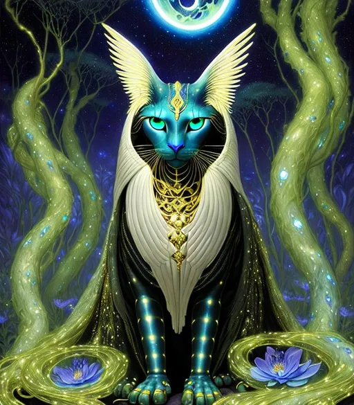 Prompt: full body shot of  beautiful magical animal Sphinx-influenced, perfect facial features, facial fur, night sky, indigo, moss, cream, silver ((photorealistic eyes)) gold and black striped body fur, long silver luminescent hair, in the style of Donato Giancola, Victo Ngai,  in flower garden, darkness, glowing magical flowers, moonlight, by Android Jones, John Berkey, Fragonard, low volumetric glowing fog, background theme glowing stars, epic, painted, fantasy, beautiful rich deep colors,  global illumination, volumetric lighting, occlusion, 128K UHD Unreal Engine 5