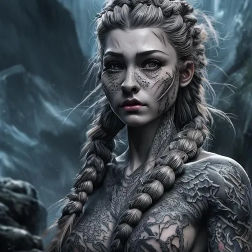 Prompt: (masterpiece) (very sharp) (4K UHD) (best quality) (hyper realistic).  tattooed girl into dragons cave, extremely detailed face, extremely detailed eyes, absolutely real, extremely detailed hair, dragon braid hairstyle, 3D illustration, extremely detailed lips, extraordinary beauty,  waterfall, extremely detailed tattoo art, grey eyes, rocky field, mountain field, into the forest.