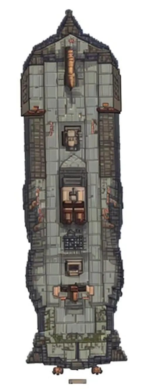 Prompt: An aerial battle map for an old fantasy rpg adventure wooden sailship made in pixelated art for a Dungeons and Dragons campaign,  the airship has multiple cannons on either side, is wooden and has sails