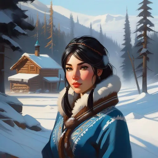 Prompt: Third person, gameplay, Yakut girl, pale skin, black hair, brown eyes, Siberia, snow, cold atmosphere, cartoony style, extremely detailed painting by Greg Rutkowski and by Henry Justice Ford and by Steve Henderson 