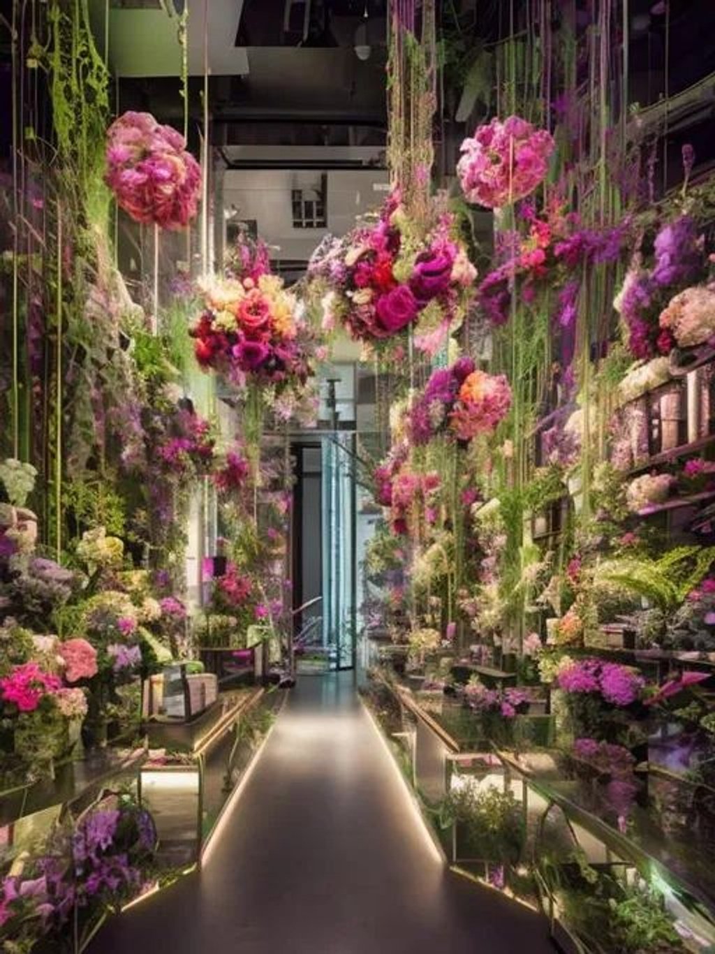 Prompt: An upscale florist and flower boutique's storefront in cyberpunk new york city