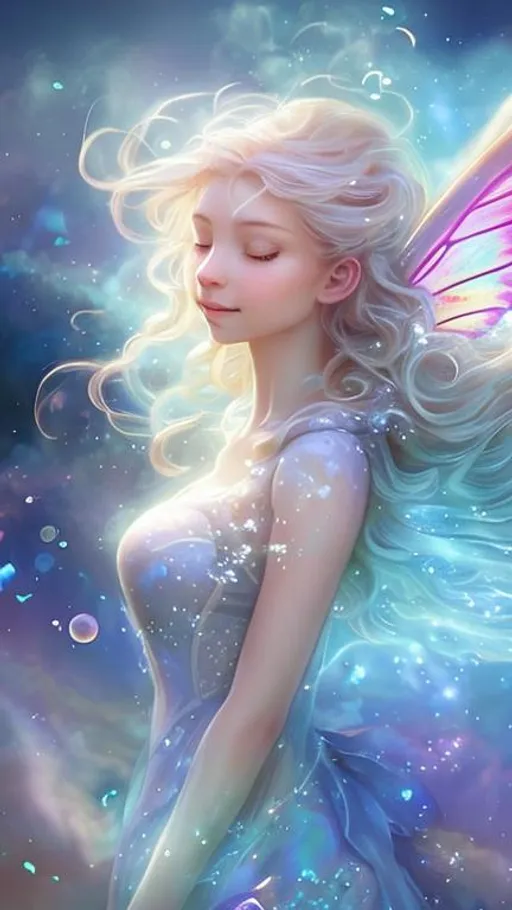 Prompt: Zoom in Portrait Very beautiful air faerie, Sylph (Masterpiece), Closed eyes and gentle smile, group of butterflies, wavy opalblonde hair in the wind, (Masterpiece), fantastic sunlight, gentle white clouds, very beautiful woman, fantasy, beautiful dancing pose, fantastic sky background, realistic butterflies, constellation-like design Dress, in the sky Shining opalblonde hair, cinematic light, beautiful woman, beautiful eyes, long hair, perfect anatomy, very pretty, princess eyes, fantastic, stylised animation, bioluminescent, life size, 32K resolution, human hands, mysterious shape, graceful, almost perfect, dynamic angles, highly detailed, figure sheet, concept Art, smooth, symmetrical, balanced placement, fashion pose, 20s beauty, great hair, overhead space