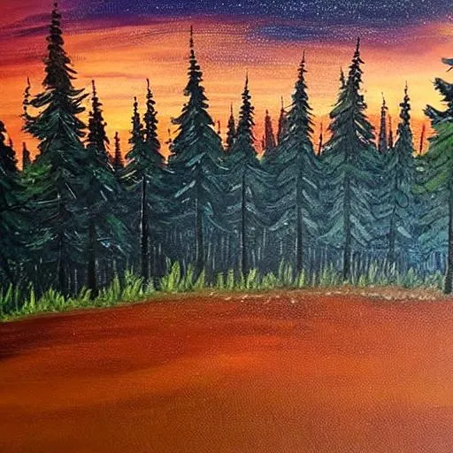 Prompt: painting, forest at night, sunset, trees over horizon, spruce trees, beautiful clouds
