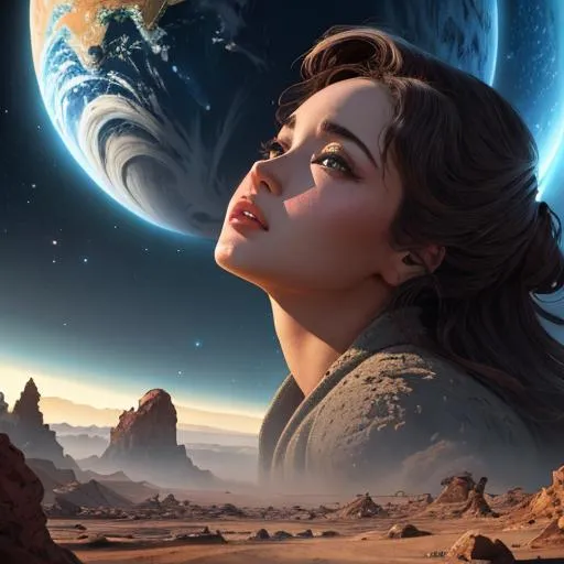 Prompt: Create a high-resolution head and shoulders painting of a planet-sized, gorgeous giantess bursting out of the Earth's crust. The scene should be intense and dramatic with cinematic lighting that highlights her stunning features. The artwork should be inspired by the styles of Norman Rockwell, Craig Mullins, and Ross Tran, and should be in 4K resolution. The focus should be on the giantess's face and upper body as she emerges from the planet, and the overall effect should be awe-inspiring and powerful.