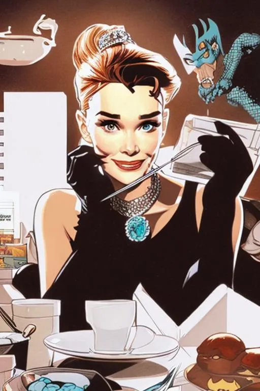 Prompt: Comic book breakfast at Tiffany’s 