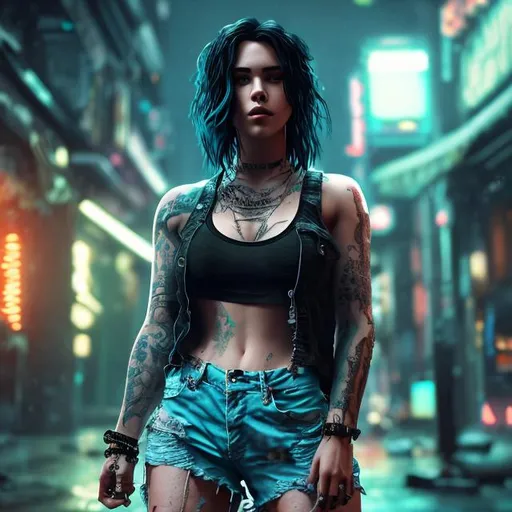 Prompt: megan rain with turquoise hair wearing ripped jeans and a black tank top, epic full body portrait, cyberpunk, ultra realistic, extremely detailed, ultra-realistic, soft shadows, 8K, octane render, unreal engine 5, cinematic, sharp focus, artstation, cgsociey, photo-realistic, cinematic lighting, no digital painting, dramatic lighting, volumetric lighting, high reflection, hdr