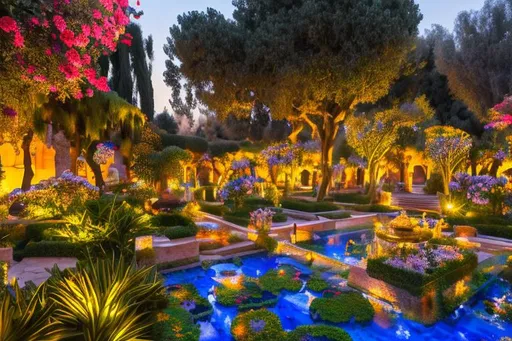 Prompt: persian garden at sunset, many flowers, pools and fountains, 8K, high resolution, highly detailed, intricate detail, sharp focus, photorealistic. 