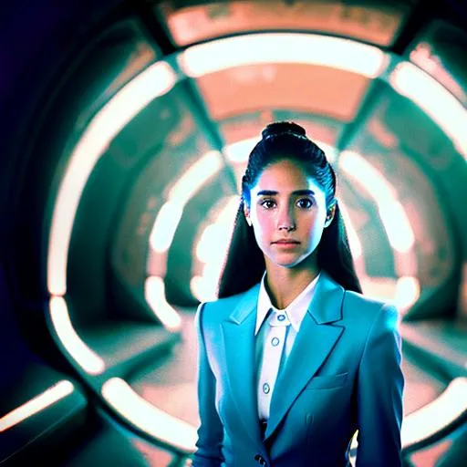 Prompt: Seychelle Gabriel is a futuristic civil servant dressed in a Space-1999-inspired business suit on a space station. photorealistic, accurate face
