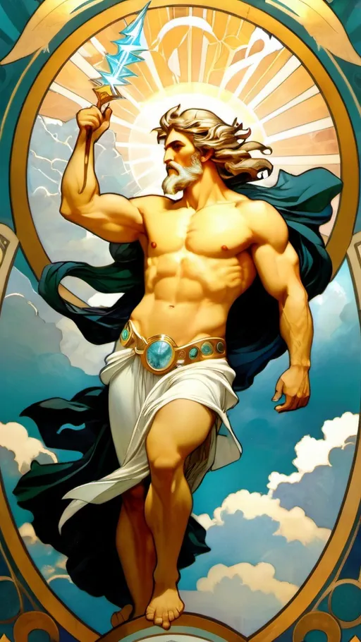 Prompt: Zeus, the high god of Mt Olympus, lightening bolts, eagles in the background 