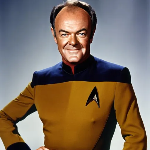 Prompt: A portrait of Harvey Korman, wearing a Starfleet uniform, in the style of "Star Trek the Next Generation."