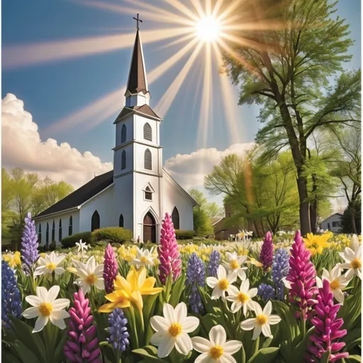 Prompt: Sun rays behind a church steeple and spring flowers surrounding the border.