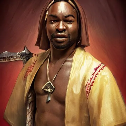 Prompt: A half body photograph of a African American man in traditional African that looks like Cisco in  robes posing with a bastard sword, portrait, fantasy, medieval, vivid colors, elegant, concept art, sharp focus, beautiful face, digital art, Hyper-realistic, 4K, Unreal Engine, Highly Detailed, HD, Dramatic Lighting by Brom, trending on Artstation