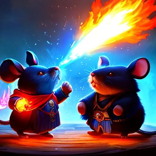 Prompt: a cute mouse and a fat black rabbit fighting with glowing blue spells and red lights and surrounded by flaming skulls, wearing wizard robes, fantasy, Mortal Kombat, full body, ((high detail)), (((intricate)))