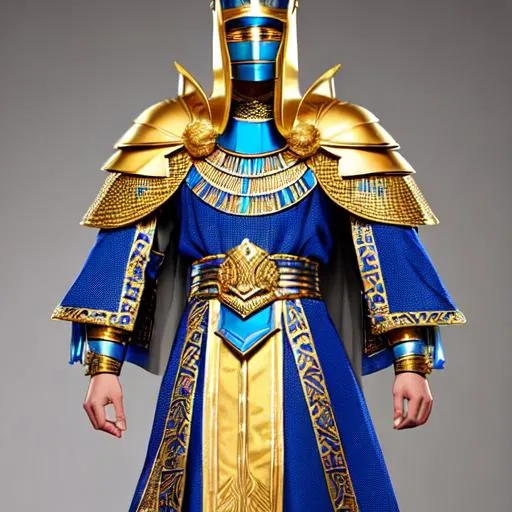 Prompt: blue and gold ancient egyptian/medieval arabian scale/chainmail male armor with long blue and gold robes with small gold embroidery and with a gold and blue sash going over the right shoulder, on a armor stand.