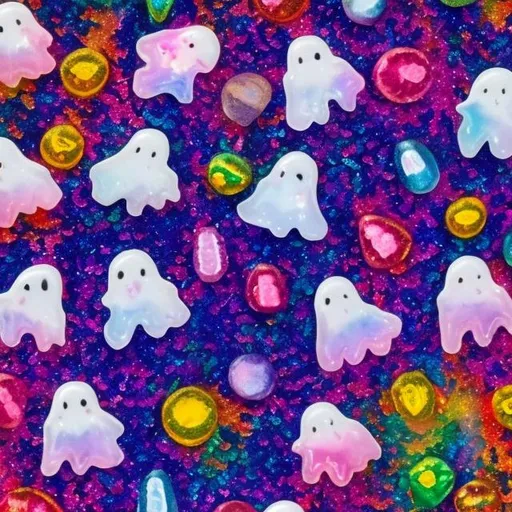 Prompt: Miniature Sequins and ghosts in the style of Lisa frank