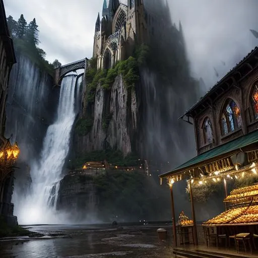 Prompt: a fantasy rpg  cathedral place in a city with a market on the side, cinematic scenery,  (waterfalls in the background, art by Alexandr Shabanov, art by Michal Karcz, art by Grzegorz Rutkowski)+++, photorealistic 64k resolution, HDR, epic, expansive, brilliant, stunning, hyperdetailedphotorealistic , ultra detailed, hyperrealistic, surreal, matte painting, unreal engine 5, UHD, first player sight

