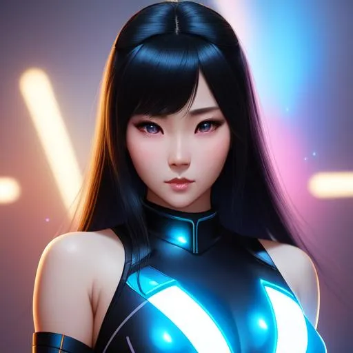 Prompt: A Japanese woman, attractive, 23 years old, living in a Tron legacy world, glowing blue and black skimpy outfit. Riding a light cycle, ultra realistic, Huge cleavage, athletic body, Highly detailed photo realistic digital artwork. High definition. Face by Tom Bagshaw and art by Sakimichan, Android Jones" and tom bagshaw, BiggalsOctane render, volumetric lighting, shadow effect, insanely detailed and intricate, photorealistic, highly detailed, artstation by WLOP, by artgerm