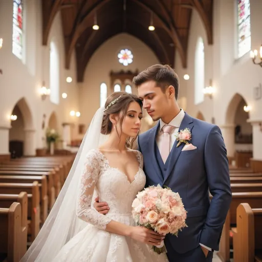 Prompt: Young beautiful bride and groom in a church, flower decorations, high quality, elegant, romantic, traditional, detailed lace gown, handsome groom in classic suit, soft pastel tones, warm lighting