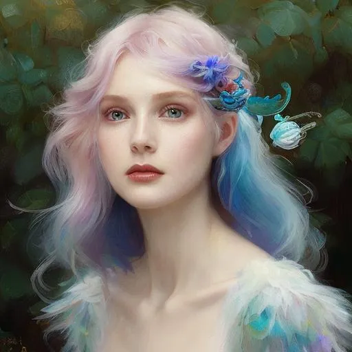 Prompt: Magical Female Fairy,  blue wings, cyan hair, white eyes, perfect features, extremely detailed, realistic. Krenz Cushart + loish +gaston bussiere +craig mullins, j. c. leyendecker +Artgerm, oil painting texture oil painting effect Krenz Cushart + loish +gaston bussiere +craig mullins, j. c. leyendecker +Artgerm, oil painting texture.